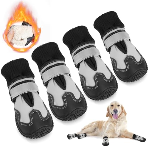 Eyein Hundeschuhe Pfotenschutz Winter, 4 Stück wasserdicht Hundeschuhe mit warmem Fleece und hohem Design, rutschfeste Hunde Schuhe Outdoor mit reflektierendem Klettverschluss, Größe 1 von Eyein