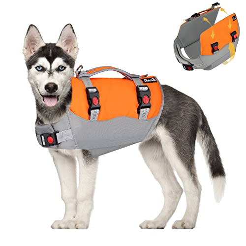 Eyein Schwimmwesten für Große Hunde, Größenverstellbare Hundeschwimmweste mit starkem Auftrieb, leichte Schwimmhilfe mit reflektierendem Rettungsgriff und Reißsicherung für Schwimmen (Orange, L) von Eyein