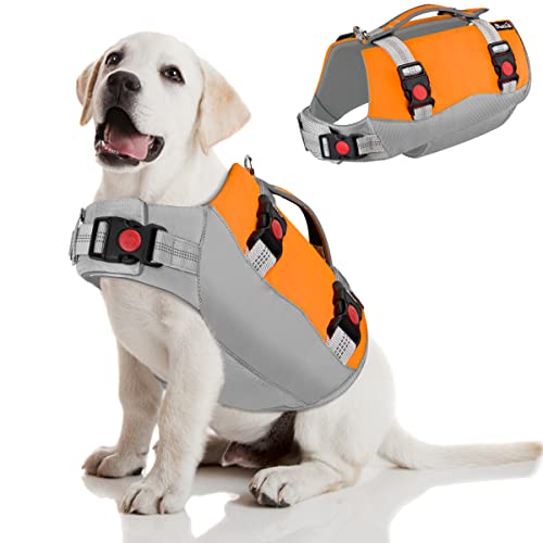 Eyein Schwimmwesten für Mittlere Hunde, Größenverstellbare Hundeschwimmweste mit starkem Auftrieb, leichte Schwimmhilfe mit reflektierendem Rettungsgriff und Reißsicherung für Schwimmen (Orange, M) von Eyein