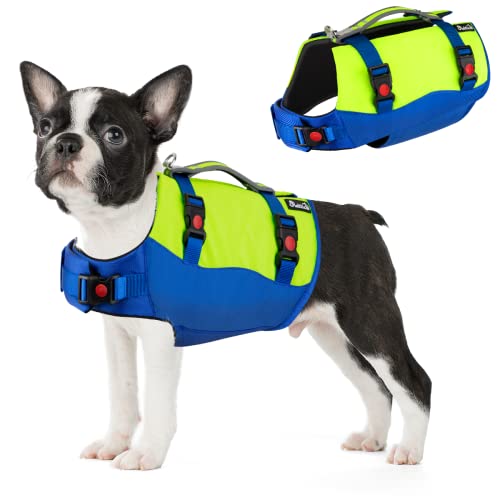 Eyein Schwimmwesten für Kleine Hunde, Größenverstellbare Hundeschwimmweste mit starkem Auftrieb, leichte Schwimmhilfe mit reflektierendem Rettungsgriff und Reißsicherung für Schwimmen (Blau, S) von Eyein