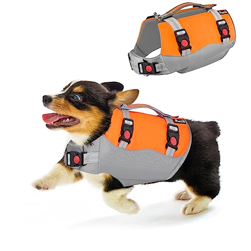 Eyein Schwimmwesten für Kleine Hunde, Größenverstellbare Hundeschwimmweste mit starkem Auftrieb, leichte Schwimmhilfe mit reflektierendem Rettungsgriff und Reißsicherung für Schwimmen (Orange, XS) von Eyein