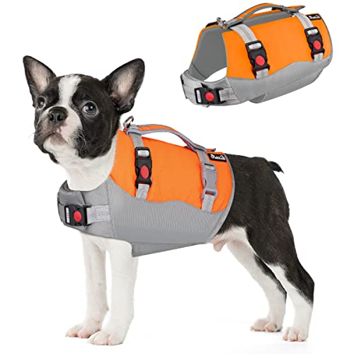 Eyein Schwimmwesten für Kleine Hunde, Größenverstellbare Hundeschwimmweste mit starkem Auftrieb, leichte Schwimmhilfe mit reflektierendem Rettungsgriff und Reißsicherung für Schwimmen (Orange, S) von Eyein