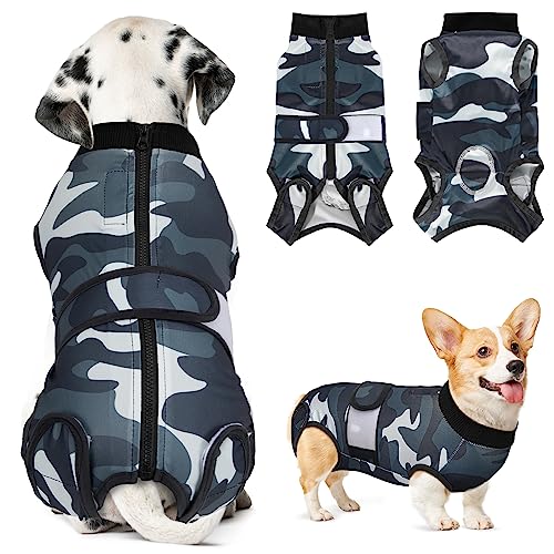 Eyien Einteiler für Hunde, Atmungsaktiver, weicher Genesungsanzug für Hunde mit Reißverschluss und Gürtel zum Schutz von Wunden, E-Halsband Alternative für Haustiere (Camouflage, XL) von Eyein