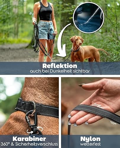 Hundeleine mit Reflektoren, 5m-30m Schleppleine, Robuster Karabiner, Nylon-Material, Schwarz (Schwarz, 30M) von Eyeleaf