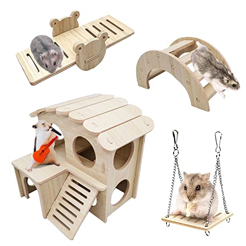 Eyksta 4 Stück Hamster Spielzeug aus Holz, Hamster Haus Brücke Wippe Schaukel Käfig Dekor Zubehör, DIY Spielplatz für Meerschweinchen Ratten Zwerghamster Goldhamster von Eyksta