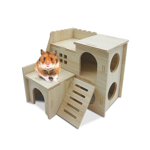 Eyksta Hamster Haus aus Holz Mehrkammernhaus Hamsterhaus Spielzeug Hamster Versteck Hamster Zubehör (Groß 22 * 22 * 22) von Eyksta