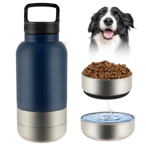 3 in 1 Trinkflasche Hunde für Unterwegs 900ml Isolierte Hundewasserflasche to go Edelstahl mit Wassernapf Futternapf BPA-Frei für Reisen Spaziergänge Outdoor-Aktivitäten von Eyoulife