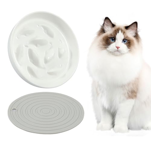 Anti Schling Napf Katze Keramik 16x3cm, Antischlingnapf Katze mit Silikon Antirutschmatte für Katzen Kleine Hunde (Weiß) von Eyoulife