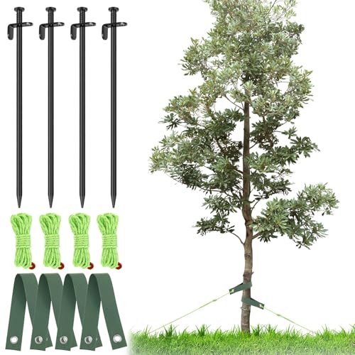 Eyoulife 12 Teiliges Baumgurte mit Ösen Wiederverwendbar, mit 30 cm Stahlpfähle 40 cm Nylon Baumstützgurte 400cm Ankerseile, für Baumbegradigung Pflanzenunterstützung Festes Zelt von Eyoulife