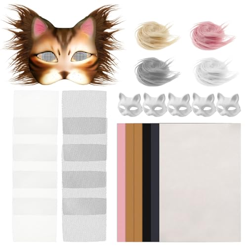 Eyoulife 6 Stück Katzenmaske DIY Papier Überstreichbar, Mask mit Kunstpelz, Leicht Schneiden Augennetz, Filztuch, Katzenmasken für Halloween Karneval Rollenspiele Maskerade (Stil 1) von Eyoulife