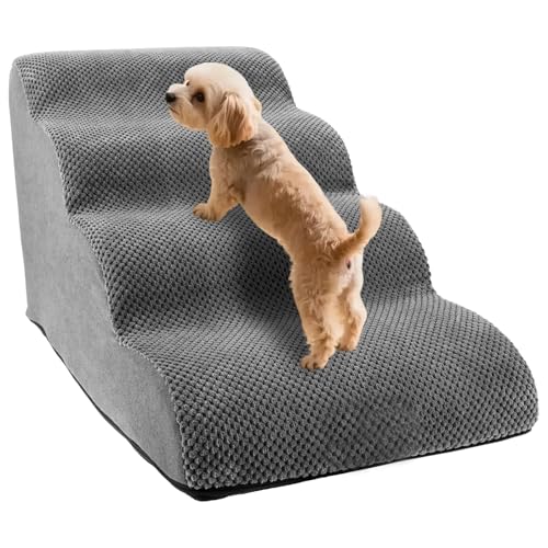 Haustiertreppe Hundetreppe 40cm 4 Stufen rutschfest mit Waschbarem 3D Cord Bezug, Hundetreppe für Kleine Hunde Hochwertige Schwamm, Hunderampe Katzentreppe, für Kurzbeiniger Hund (4 Stufen) von Eyoulife
