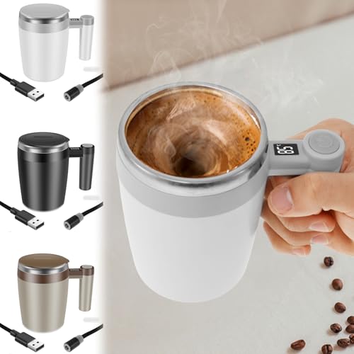 Selbstrührende Kaffeetasse 400ml, Selbstrührende Tasse Temperaturanzeige mit Deckel Tragegriff, Stirring Mug mit USB für Kaffee, Milch Rührbare Getränke (Weiß) von Eyoulife