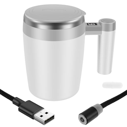 Selbstrührende Kaffeetasse 400ml, Selbstrührende Tasse Temperaturanzeige mit Deckel Tragegriff, Stirring Mug mit USB für Kaffee, Milch Rührbare Getränke (Weiß) von Eyoulife