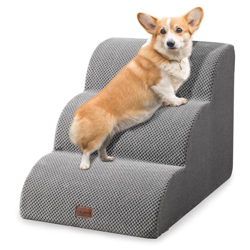 Ezkamfort Hundetreppe für Bett, 3 Stufen, hochdichter Schaumstoff, Hundetreppe mit abnehmbarem Bezug und rutschfester Unterseite, wasserdichte Haustiertreppe für Sofa, Couch und Bett, Grau von EzKamfort