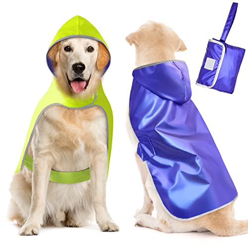 Ezierfy Doppelseitiger Hunde-Regenmantel – leichte Regenmäntel Jacke für Hunde, verstellbare Hunde-Regenmäntel mit Kapuze, Zupfponcho für kleine bis XX-große Hunde (Medium, Grün + Blau) von Ezierfy