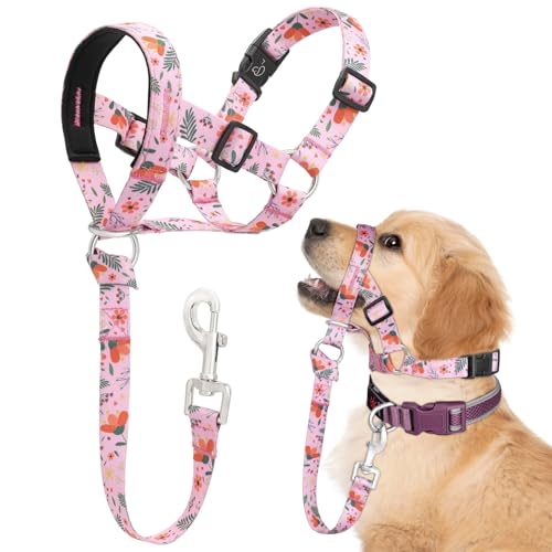Ezierfy Hundehalfter, bedrucktes No-Pull-Halfter, verstellbares Hundehalfter Mit Gepolstertem Stoff,Verstellbar Und Ziehen verhindert Maulkorbleine (Mittel, Mimosen rosa) von Ezierfy