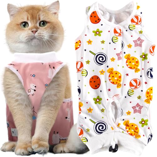Katzen-Chirurgie-Anzug, nach chirurgischen Genesungsanzug, atmungsaktiv, chirurgischer Genesungsanzug, Anti-Lecken, Wundschutz, Kleidung, für Operationen, Genesung, Bauchwunden (Lollipop (Weiß) von Ezranova