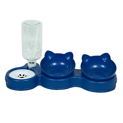 F Fityle 3 in 1 Katzennapf Set, Futternäpfe für Haustiere mit Automatischer Trinkflasche, Einfache Reinigung, Haustiernapf, Dunkelblau von F Fityle