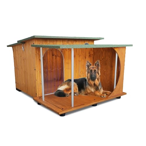 Hundehütten Hundehaus Hundehöhle mit Veranda Aus Massiv Holz Echtholz Geshenk THERMOVORHANG Made in Italy Mod. Italy D - Deutscher Schäferhund 102x125xH78 von Original Legno