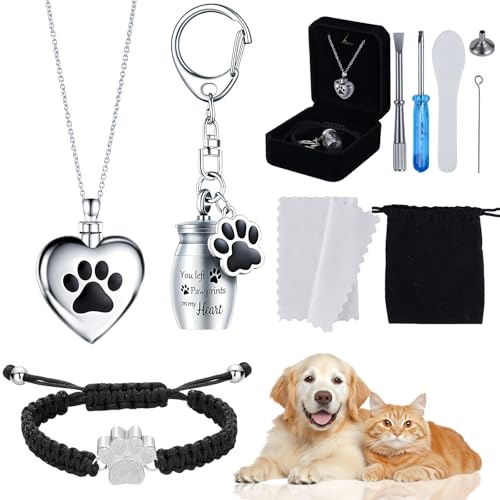 FACULX 3-teiliges Feuerbestattungs-Schmuck-Set für Asche – Herz-Urnen-Halsketten für Asche, Pfotenabdruck-Urnenarmband für Asche, Schlüsselanhänger – Asche-Andenken für Haustiere mit Füllset und FACULX 3-teiliges Feuerbestattungs-Schmuck-Set für Asche – Herz-Urnen-Halsketten für Asche, Pfotenabdruck-Urnenarmband für Asche, Schlüsselanhänger – Asche-Andenken für Haustiere mit Füllset und von FACULX