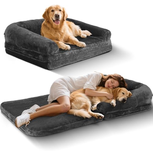 Faltbares Hundebett, orthopädisches Hundebett aus Memory-Schaum, menschliche Größe, 2-in-1, beruhigende menschliche Größe, mit Eischaum-stützender Matte und wasserdichtem Futter, Aufbewahrungstasche von FAHKNS