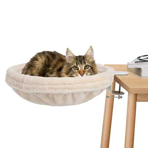 Katzen-Schreibtischbett, rundes Katzenbett für Schreibtisch, verstellbarer Stahlrahmen, Schreibtischstange für Katzen bis zu 11,3 kg, einzigartige und moderne Katzenmöbel (cremefarben) von FAHKNS