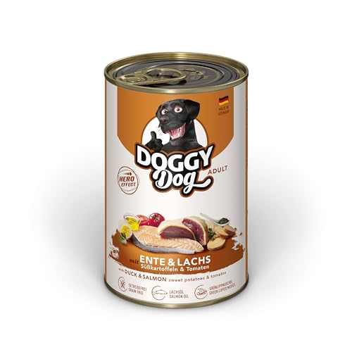 DOGGY Dog Paté Ente & Lachs, 6 x 400 g, Nassfutter für Hunde, getreidefreies Hundefutter mit Lachsöl und Grünlippmuschel, Alleinfuttermittel mit Süßkartoffel und Tomate, Made in Germany DOGGY Dog Paté Ente & Lachs, 6 x 400 g, Nassfutter für Hunde, getreidefreies Hundefutter mit Lachsöl und Grünlippmuschel, Alleinfuttermittel mit Süßkartoffel und Tomate, Made in Germany von DOGGY Dog