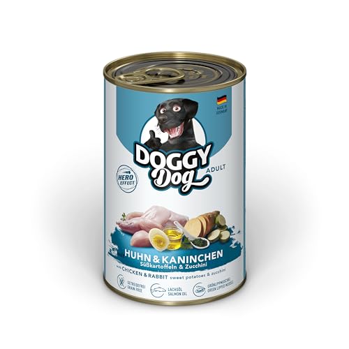 DOGGY Dog Paté Huhn & Kaninchen, 6 x 400 g, Nassfutter für Hunde, getreidefreies Hundefutter mit Lachsöl und Grünlippmuschel, Alleinfuttermittel mit Süßkartoffel und Zucchini, Made in Germany von FALKE