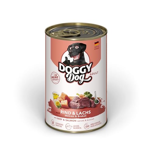 DOGGY Dog Paté Rind & Lachs, 6 x 400 g, Nassfutter für Hunde, getreidefreies Hundefutter mit Lachsöl und Grünlippmuschel, Alleinfuttermittel mit Karotten und Brokkoli, Made in Germany von Soul Pet