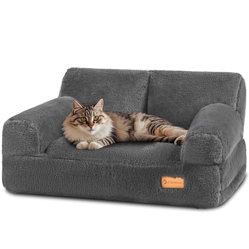 FAMIDGE Katzen-Couch, flauschiges Katzenbett für Indoor-Katzen, beruhigendes Haustier-Sofa, Welpenschlafbett, niedliche Hundesofa für mittelgroße Katzen und Hunde bis zu 9 kg (groß, dunkelgrau) von FAMIDGE