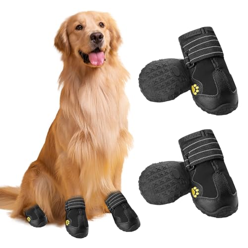 Hundeschuhe Pfotenschutz, 4 Stück Wasserdicht Hundeschuhe mit Rutschfester Sohle und Verstellbarem Reflektierendem Klettverschluss, Hundeschuhe für Mittlere Große Hunde (Schwarzer Kurzstil, L) von FANGCCC