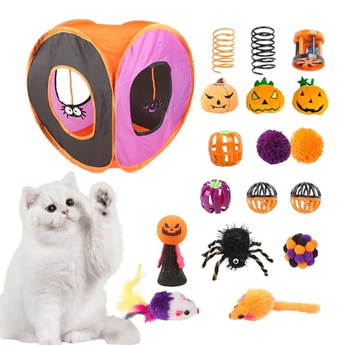 FANGZ Katzentunnel-Spielzeugset, Katzentunnel für Hauskatzen - Süßes Katzenspieltunnelspielzeug,Halloween-Katzen-Federstab, Ball, Frühlingsmäusespielzeug, faltbares quadratisches von FANGZ