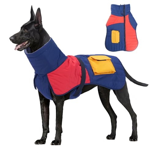 FANSU Hundemantel für Großer Hunde Hundemantel 11-40KG Grosse Hunde Hundemantel Warme Hundejacke Winter Haustier Jacken Wattierte Kleidung (XXL,Blau Rot Gelb) von FANSU