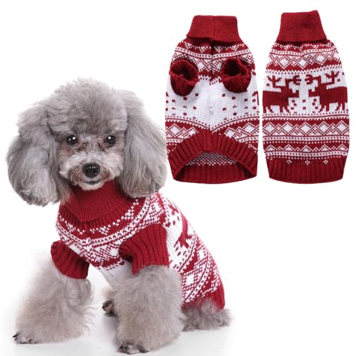 FANSU Hundepullover Kleine Hunde, Weihnachtstag Hunde Pullover Waschbar Hundepulli, Strick Pullover Hunde Shirt Elastisch Wärme Hunde Pullis, Strickpullover für Corgi Dackel (M,Rot Weiß) von FANSU