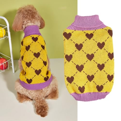 FANSU Hundepullover Kleine Hunde Pullover Waschbar Hundepulli, Herz Kariert Weich Strickpullover Hunde Shirt Elastisch Warmer Hunde Pullis, Strickpullover mit Beinen (Gelb,S) von FANSU