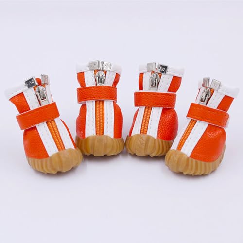 FANSU Hundeschuhe 4 Stück Hundeschuhe Pfotenschutz Hunde Schuhe Laufen Hundeschuhe Winter Schuhe für Hunde PU Schneestiefel Schuhe Hund für Kleine Mittlere Hunde (3,Orange) von FANSU