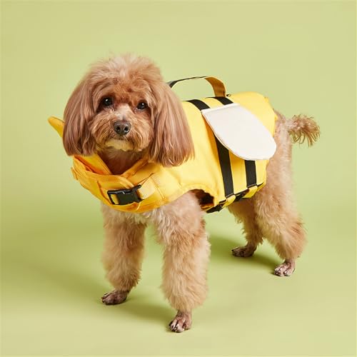 FANSU Hundeschwimmweste, Hunde Schwimmweste mit Rettungsgriff Rettungsweste für Hunde Verstellbare Größe zum Schwimmen, Surfen, Bootfahren (M,Gelbe Biene) von FANSU