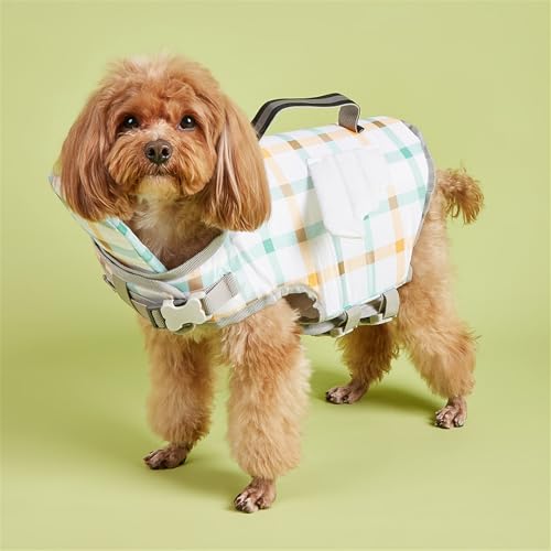 FANSU Hundeschwimmweste, Hunde Schwimmweste mit Rettungsgriff Rettungsweste für Hunde Verstellbare Größe zum Schwimmen, Surfen, Bootfahren (XL,Weiß kariert) von FANSU