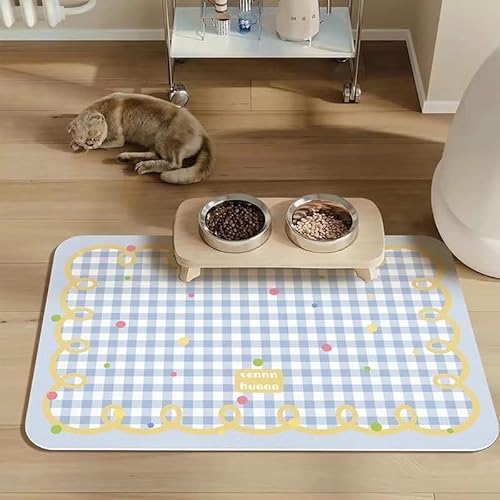 FANSU Napfunterlage Hund, Buntes Karomuster Druck Saugfähig Schnelltrocknende Waschbar rutschfest Futtermatte, Diatomeenerde Futtermatte Hund Futterunterlage Katze (Blau 2,40x60cm) von FANSU