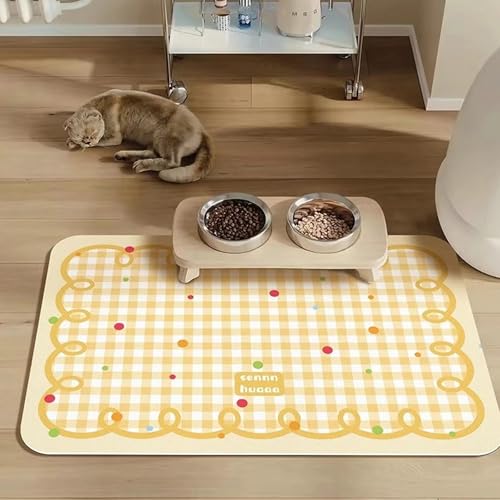 FANSU Napfunterlage Hund Saugfähig Schnelltrocknende, Waschbar rutschfest Futtermatte, Diatomeenerde Futtermatte Hund Futterunterlage Katze, für Hunde & Katzen (Gelb Kariert 2,60x90cm) von FANSU