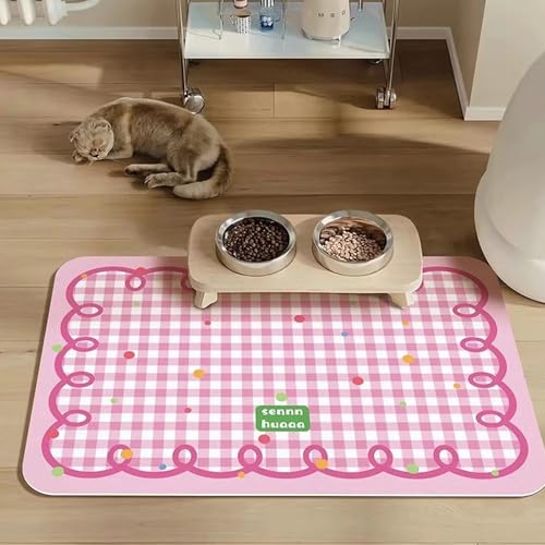FANSU Napfunterlage Hund Saugfähig Schnelltrocknende, Waschbar rutschfest Futtermatte, Diatomeenerde Futtermatte Hund Futterunterlage Katze, für Hunde & Katzen (Rosa Kariert 2,30x40cm) von FANSU