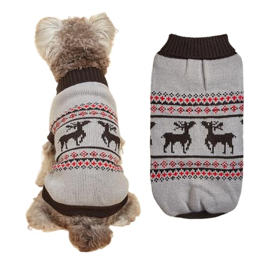 FANSU Weihnachten Hundepullover für Kleine Hunde, Klassisches Elchmuster Gestrickt Hunde Pullover Rollkragen Weiche Winter Warme Welpen Sweatshirt Hundepulli Haustier Pullover (L,Grauer Elch) von FANSU