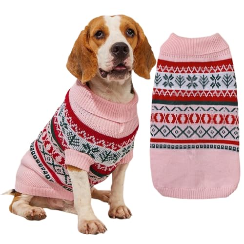 FANSU Weihnachten Hundepullover für Kleine Hunde, Klassisches Elchmuster Gestrickt Hunde Pullover Rollkragen Weiche Winter Warme Welpen Sweatshirt Hundepulli Haustier Pullover (L,Rosa) von FANSU
