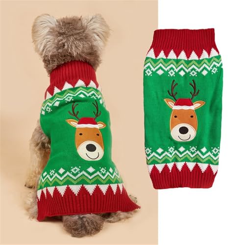 FANSU Weihnachten Hundepullover für Kleine Hunde, Weihnachtsstil Gestrickt Hunde Pullover Rollkragen Ultra Weiche Winter Warme Welpen Sweatshirt Hundepulli Haustier Pullover (L,Grüner Elch) von FANSU