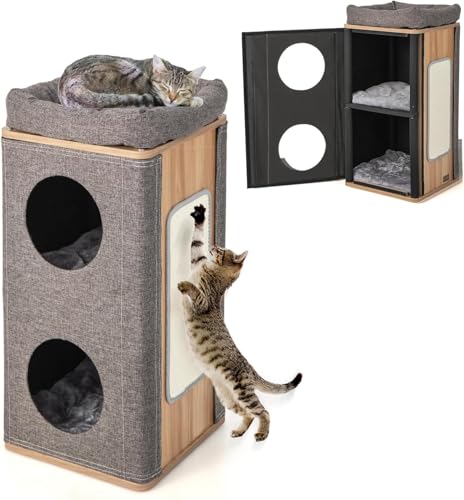 FANTASK 3-stöckige Katzenhöhle & Katzenfass mit 3 Matten, Katzenhaus mit Kratzbrett, Kratzbaum bis 20kg von FANTASK
