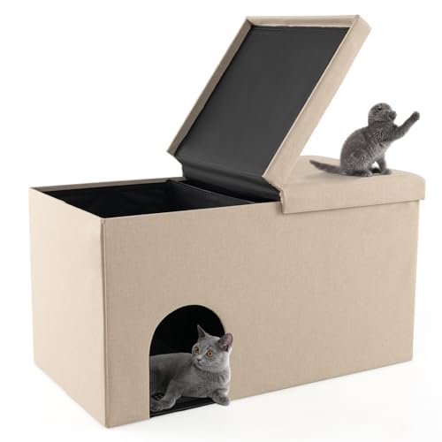 FANTASK Katzenhöhle faltbar, 2 in 1 Katzenhaus Sitzbank, Katzenversteck für Katzentoilette Katzenklo, Indoor Katzenmöbel mit Deckel & Matte & Trennwand & Geruchsfilter, 90x50x50cm (Beige) von FANTASK