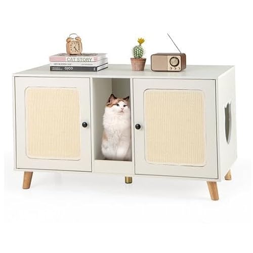 FANTASK Katzenschrank für Katzentoilette, Katzenklo Schrank mit 2 Türen & Kratzbrett & 2 Sisal-Kratzmatten & Eingang, Katzenhaus für 2 Katzen, Katzenmöbel Beistelltisch, 108 x 50 x 60 cm (Weiß) von FANTASK