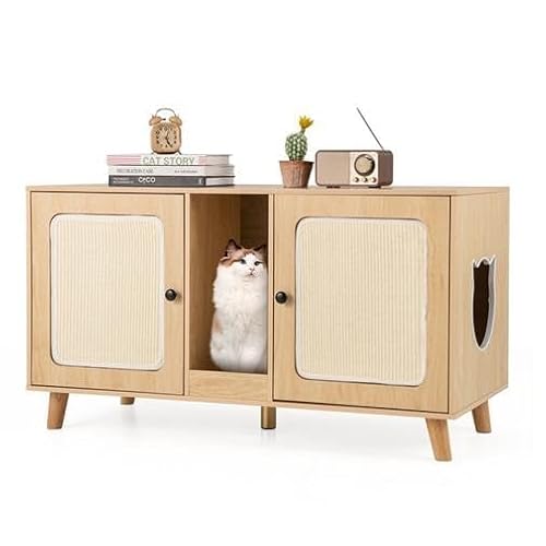 FANTASK Katzenschrank für Katzentoilette, Katzenklo Schrank mit 2 Türen & Kratzbrett & 2 Sisal-Kratzmatten & Eingang, Katzenhaus für 2 Katzen, Katzenmöbel Beistelltisch, 108 x 50 x 60 cm (Natur) von FANTASK