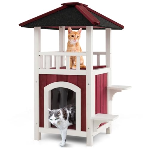 FANTASK Katzenvilla draußen Winterfest, Katzenhütte Holz für Katzen, atzenhaus mit 2 Etagen, Katzenhöhle mit Terrasse & Asphaltdach & Vorhang & 2 Sprungtürmen, 58 x 50 x 87 cm FANTASK Katzenvilla draußen Winterfest, Katzenhütte Holz für Katzen, atzenhaus mit 2 Etagen, Katzenhöhle mit Terrasse & Asphaltdach & Vorhang & 2 Sprungtürmen, 58 x 50 x 87 cm von FANTASK