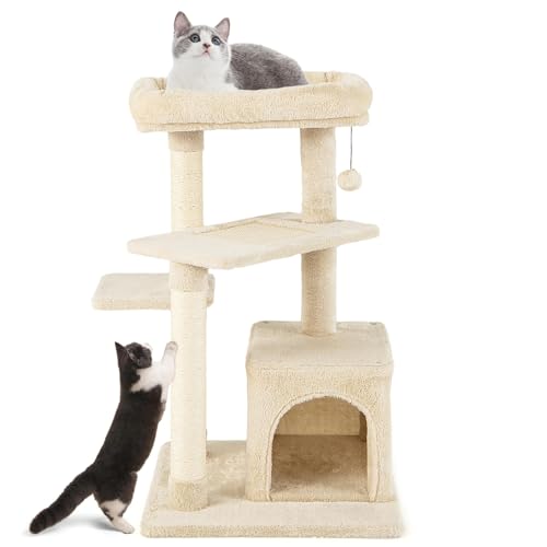 FANTASK Mehrzweck-Katzenbaum für Katzen, 4-stöckiger Kletterbaum für Katzenmöbel, Beiger Kletterbaum mit Katzenhöhle, Weichem Sitz und Ball, Holz-Katzenbaum mit 3 Sisalpfosten, 85 cm FANTASK Mehrzweck-Katzenbaum für Katzen, 4-stöckiger Kletterbaum für Katzenmöbel, Beiger Kletterbaum mit Katzenhöhle, Weichem Sitz und Ball, Holz-Katzenbaum mit 3 Sisalpfosten, 85 cm von FANTASK